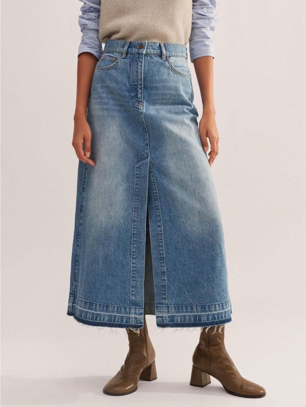 Me+em Denim Midi Skirt with Front Slit - Blue